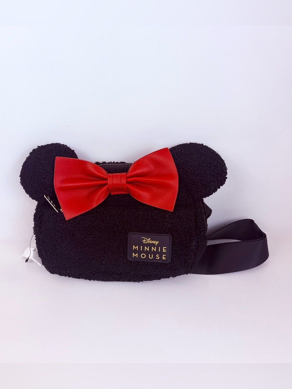Disney Minnie Mouse Black Plush Sherpa Red Bow Fanny Pack Belt Hip Bag New